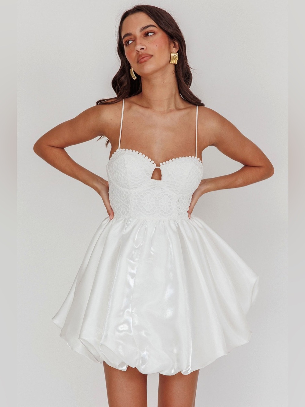 White Crochet Lace Bodice Bubble Skirt Mini Dress Medium